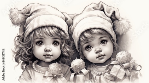 A drawing of two little girls wearing christmas hats