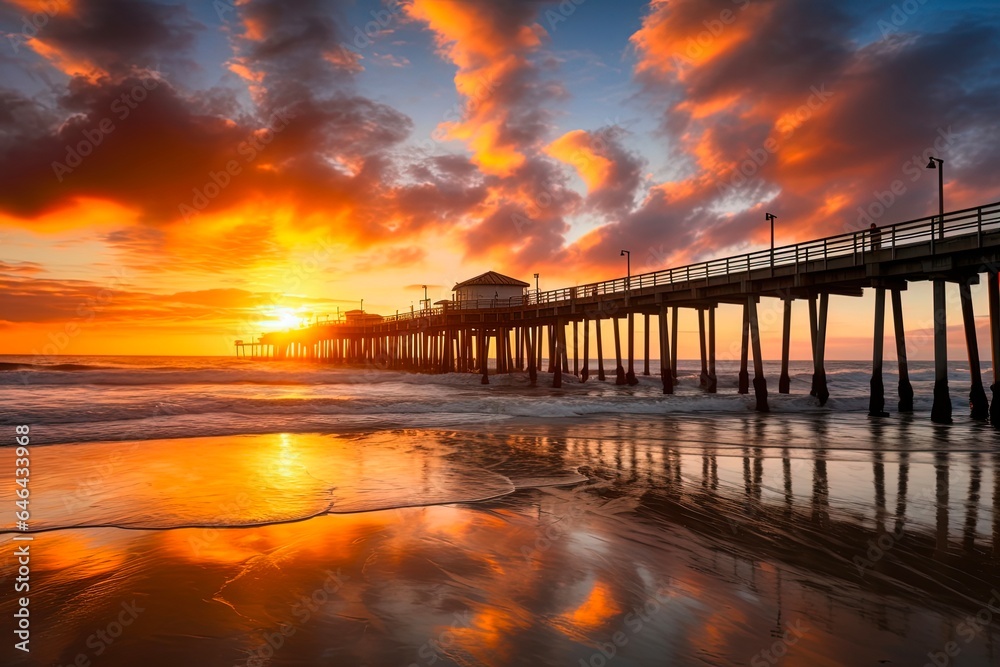 Oceanside Pier at Sunset: A picturesque view of the colorful horizon and the pier silhouetted against the sparkling water