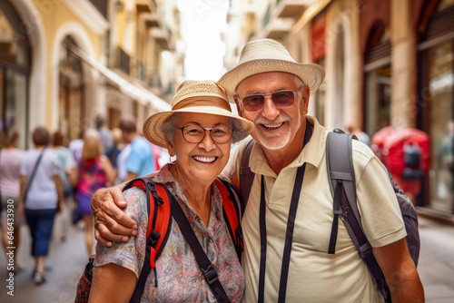 Elderly couple is traveling in a European city.