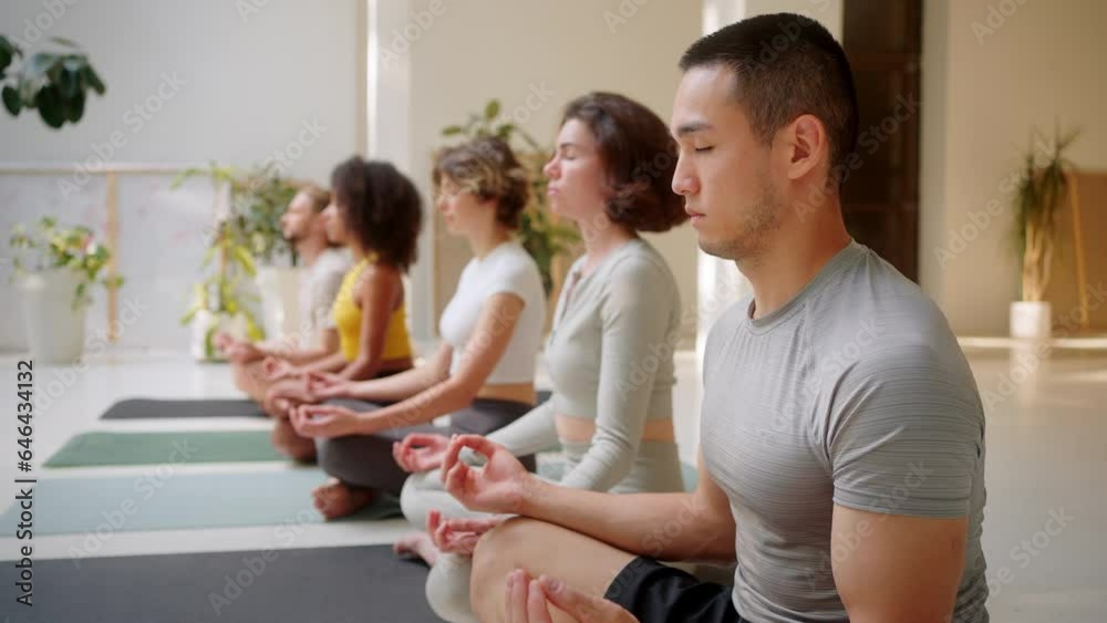 Multiracial friends meditating in row at airy yoga studio Multiracial friends meditating in row at airy yoga studio