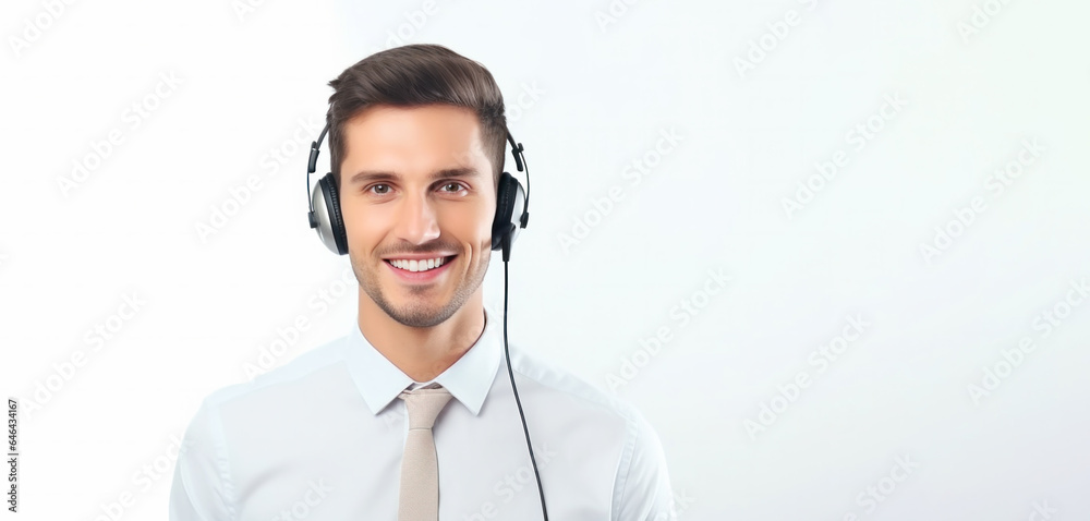 Customer support, phone operator in headset, Consulting and assistance service call center, with blank copy space area for slogan or text message on white background Customer support, phone operator in headset, Consulting and assistance service call center, with blank copy space area for slogan or text message on white background