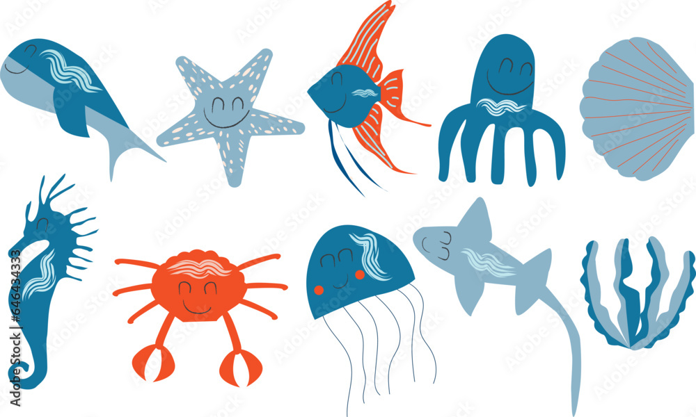 Fish and wild marine animals are isolated on white background. Vector illustration. 
