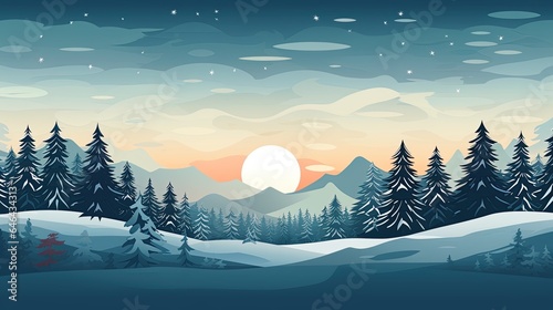 Winter landscape at sunset. Generative Ai illustration
