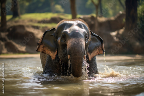 a cute asian elephant is taking a bath