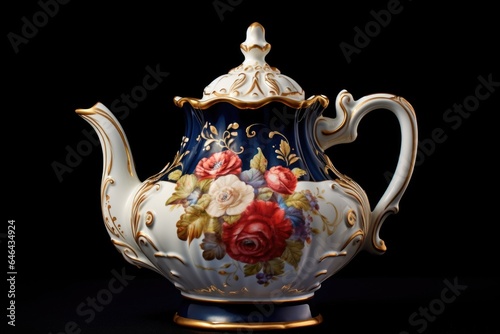 a high-angle view of a vintage porcelain teapot with floral design