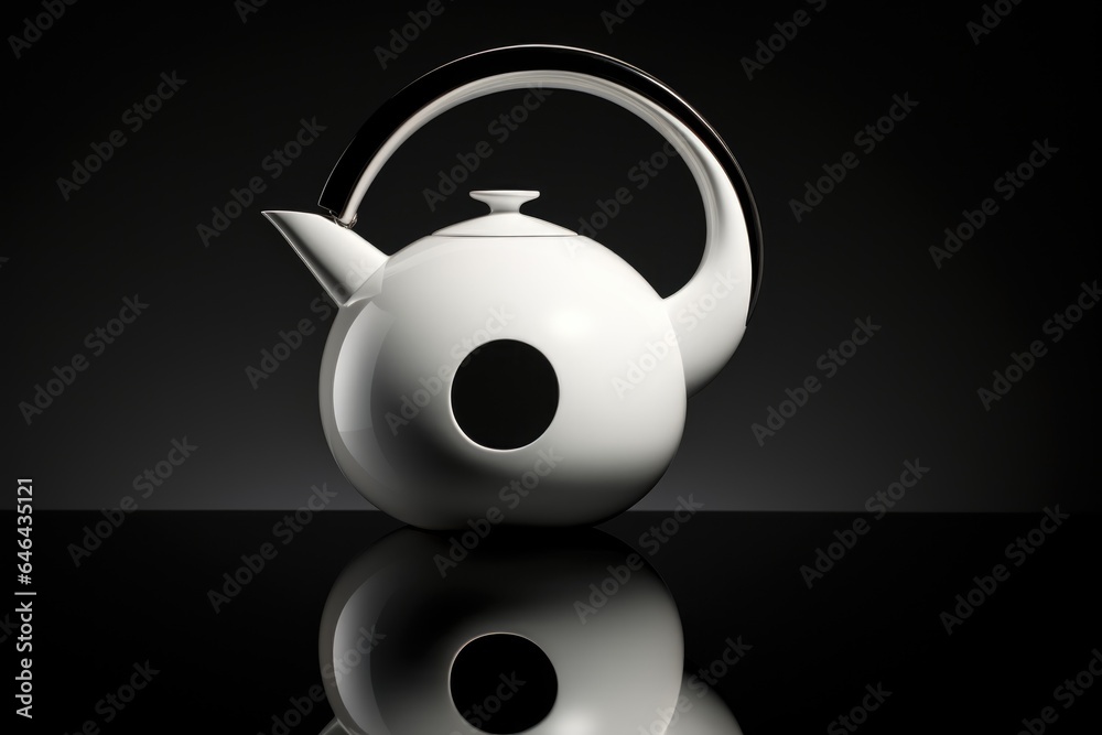 a minimalist, white porcelain teapot on a sleek, black surface