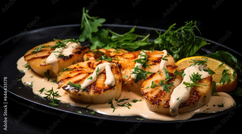 Grilled scallops with creamy lemon spicy sauce and herbs on black background. Grilled scallops with creamy lemon spicy sauce and herbs on black background.