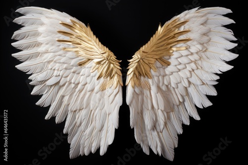 Large beautiful white ethereal angel wings against a black background. Generative AI.