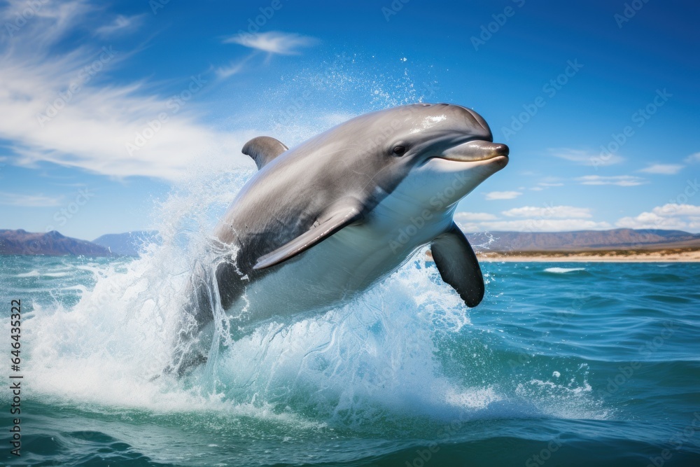 Fototapeta premium Dolphin playing and jumping out of the water , professional photography. Generative AI.