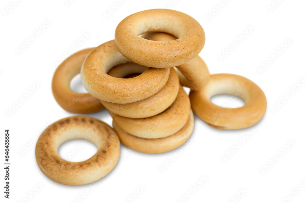 Fresh baked goods, bread rings (drying, dry bagels) isolated on a transparent background.