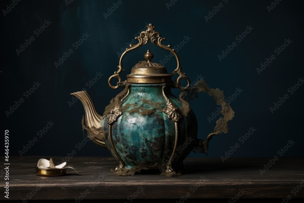 an antique brass teapot with a patina of age, set against a dark backdrop