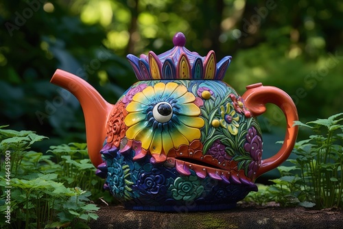 a whimsical, colorful teapot in the shape of an animal, situated in a garden setting photo