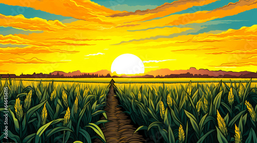 Green corn field and sunset or sunrise in a farmland agricultural setting with Colorful art design with thick black outlining and strong colors. Logo or banner use. photo