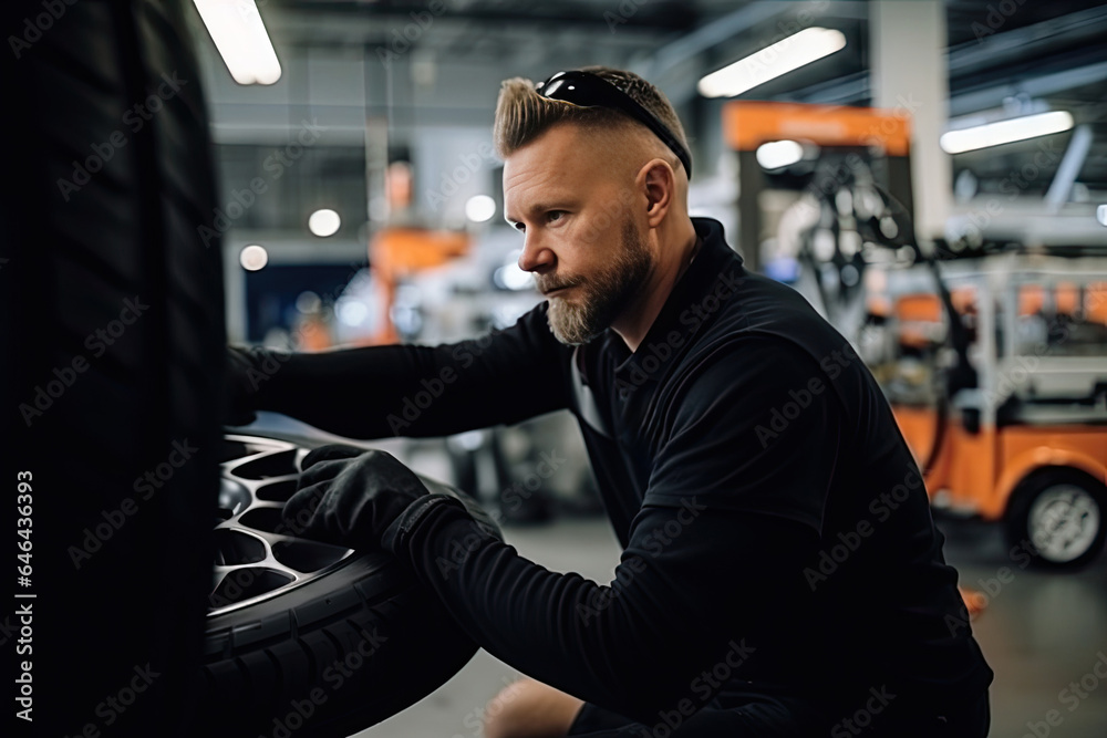 A young, handsome Caucasian male mechanic stands in his auto repair shop, concentrating on examining a broken vehicle engine. A young, handsome Caucasian male mechanic stands in his auto repair shop, concentrating on examining a broken vehicle engine.