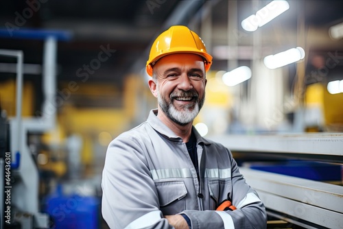 A smiling, professional engineer in a hardhat oversees operations in an industrial factory, ensuring safety and efficiency.
