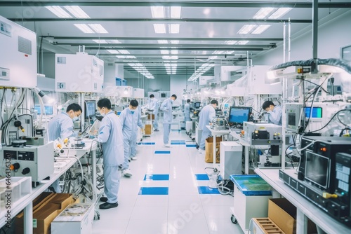 Within a modern industrial facility, technicians and engineers collaborate on the production of pharmaceuticals and semiconductor devices with advanced technology. © Andrii Zastrozhnov