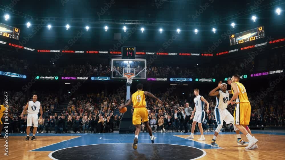 Black Basketball Player Catching a Ball From a Teammate, Running to Score an Impressive Two-Point Goal with a Slam Dunk. Cinematic Sports Channel Slow Motion Footage with Follow Back View Action