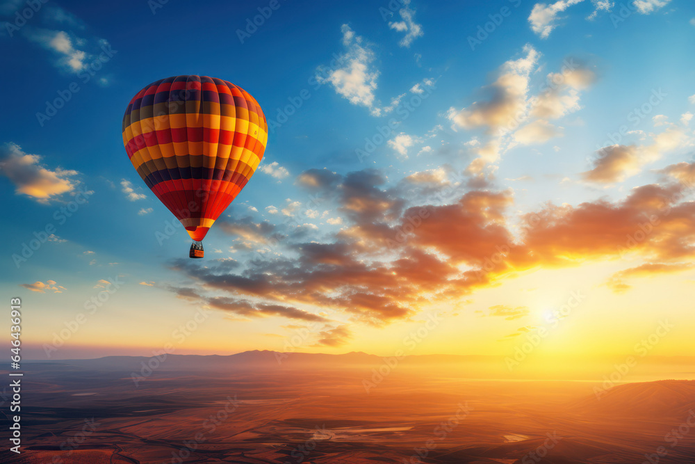 Golden Hour Ascent: Hot Air Balloon Soars Against the Sunset Sky, a Captivating Display of Tranquil Adventure Golden Hour Ascent: Hot Air Balloon Soars Against the Sunset Sky, a Captivating Display of Tranquil Adventure