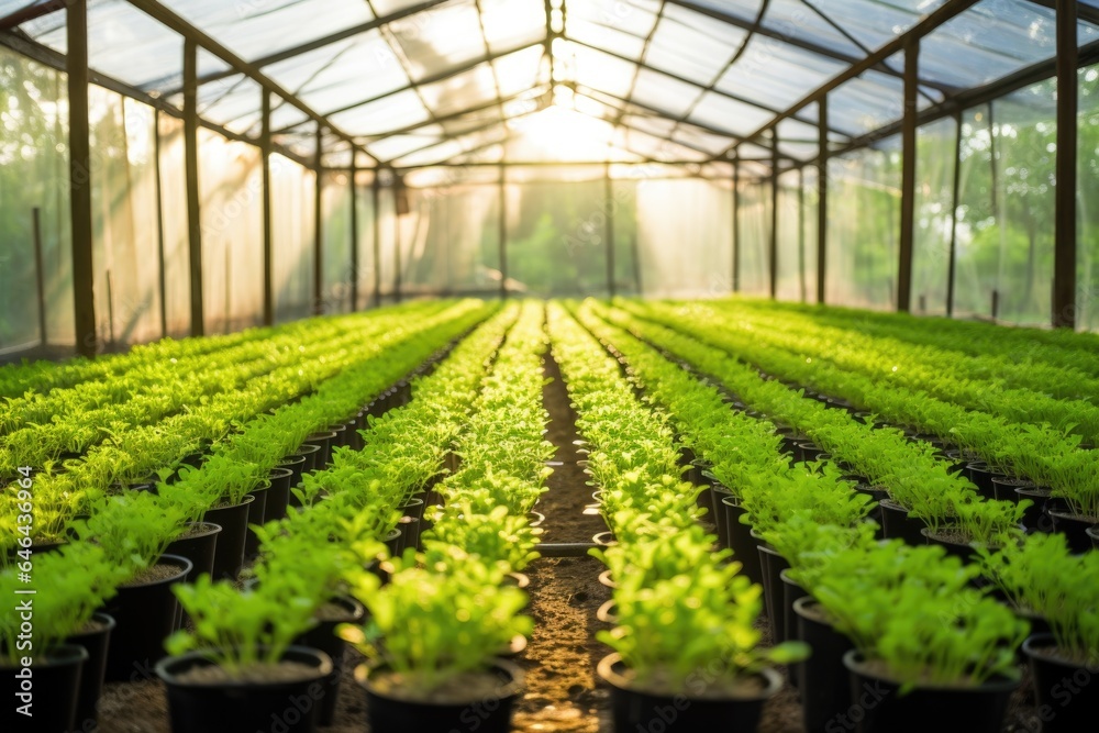 rows of green seedlings in a well-lit greenhouse rows of green seedlings in a well-lit greenhouse