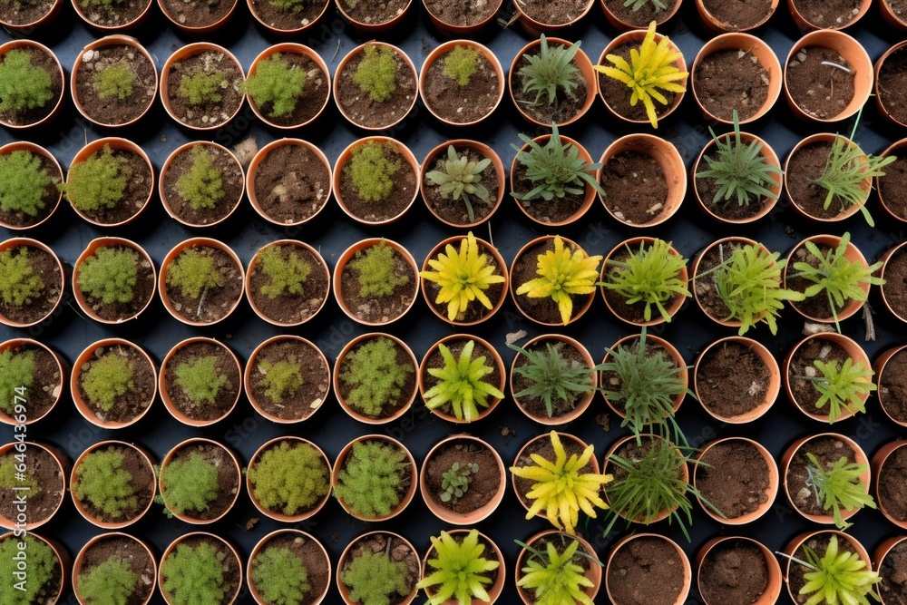 aerial view of seedlings in a grid pattern, ready for planting aerial view of seedlings in a grid pattern, ready for planting