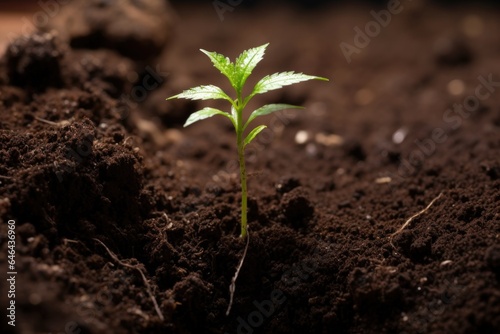 close-up of a seedling in rich, moist soil