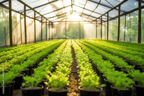 rows of green seedlings in a well-lit greenhouse