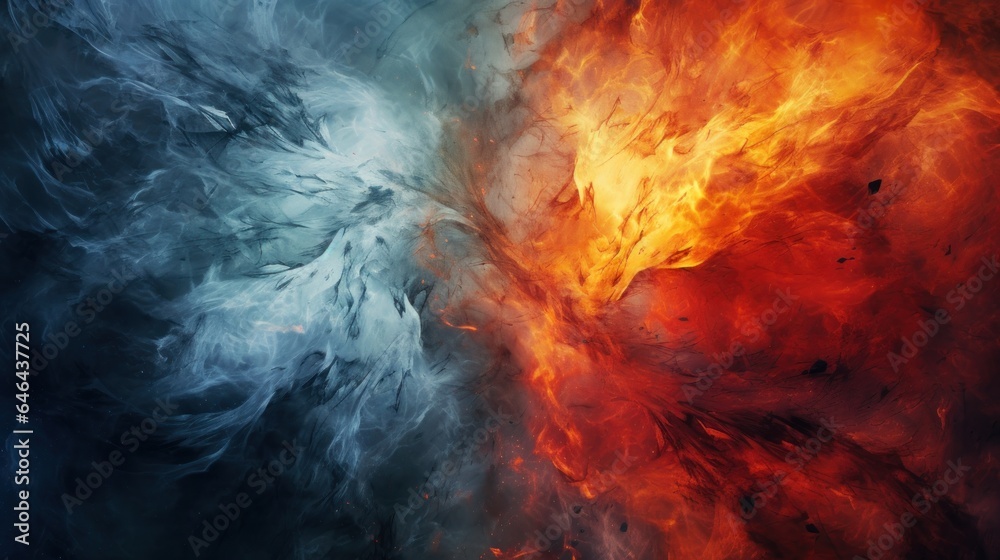 Abstract illustration of colliding fire and ice, background, wallpaper