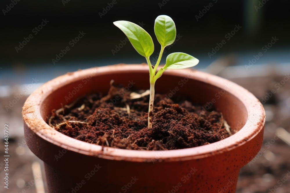 close-up of a single sprouting seedling in a tiny pot