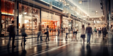 A busy shopping center, people walking with blurred motion