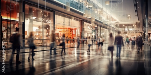 A busy shopping center, people walking with blurred motion photo