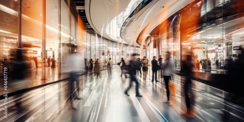 A busy shopping center, people walking with blurred motion