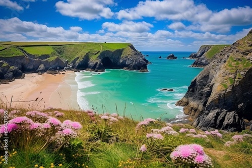Breathtaking coastal view of Newquay beach in Cornwall, England. Generative AI