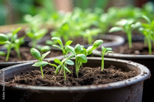 close-up of seedlings in a pot, fresh soil sprinkled around