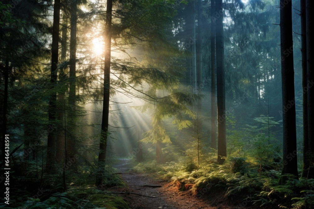 a forest covered in early morning mist with sunlight piercing through