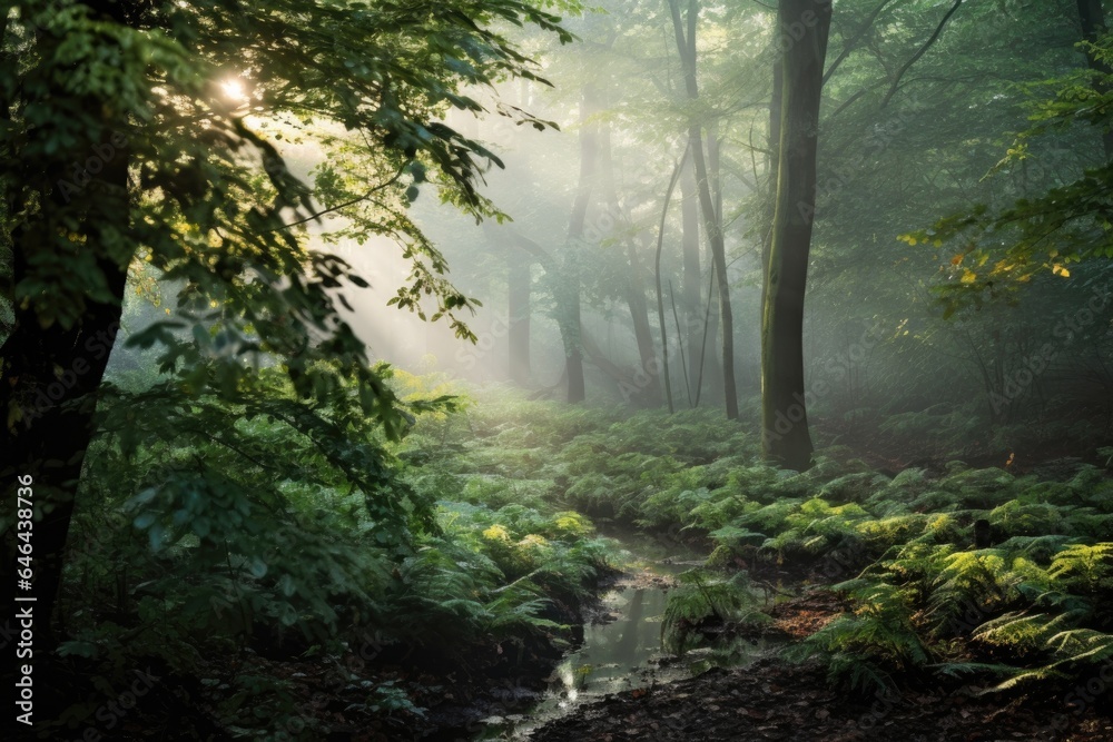 a forest covered in light mist at dawn, with dew on leaves