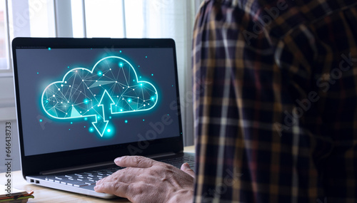 Businessman with cloud computing technology for data transmission, database, data storage and backup Concept of network and internet services Future business network concept