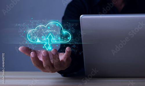 Businessman with cloud computing technology for data transmission, database, data storage and backup Concept of network and internet services Future business network concept