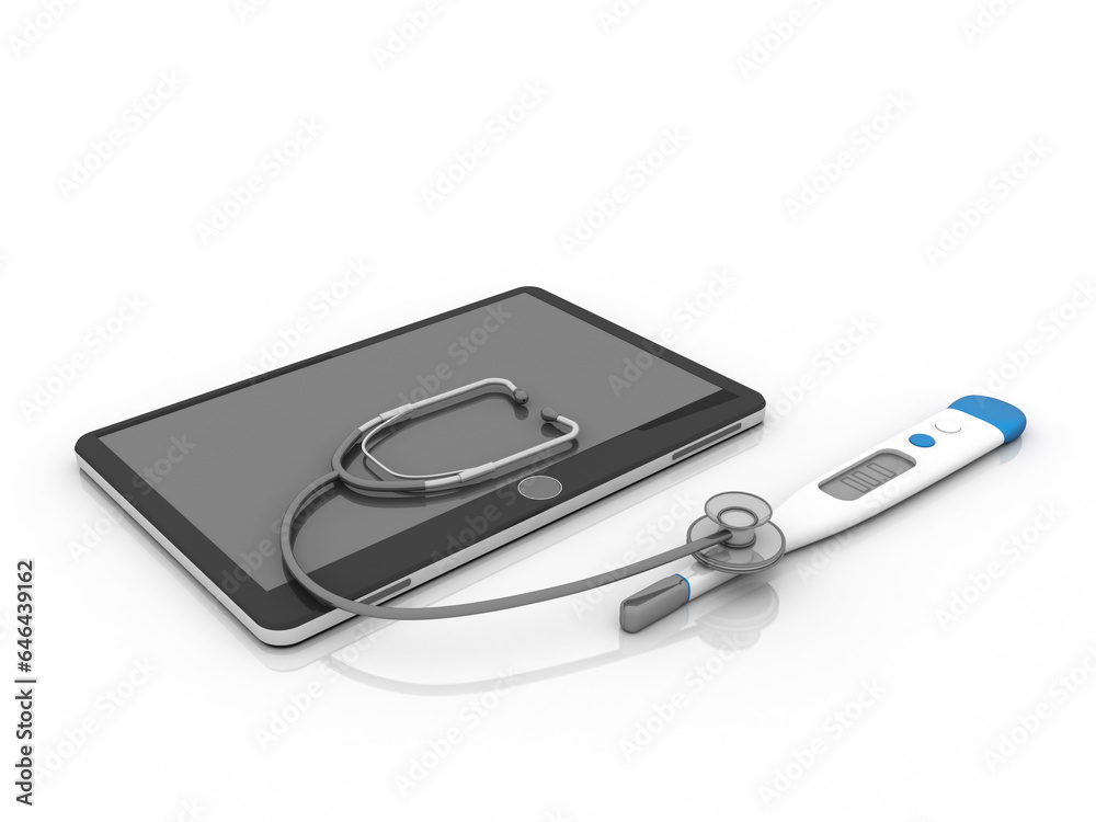 3d rendering mobile phone with Electrical thermometer connected stethoscope 3d rendering mobile phone with Electrical thermometer connected stethoscope