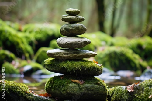 a stack of flat, round stones balancing on a mossy log