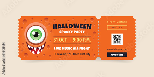 Halloween party ticket template. Illustration of a funny monster eye on an orange background. Vector 10 EPS.
