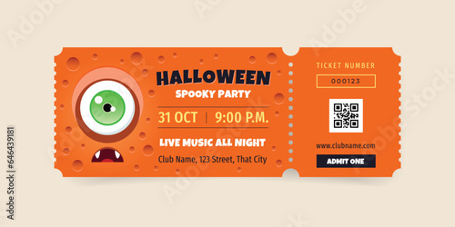 Halloween party ticket template. Illustration of a funny monster eye on an orange background. Vector 10 EPS.
