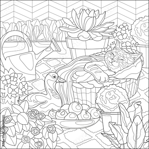 A goose in the yard, flowers, apples, a watering can for flowers. 
Coloring book for adults, black and white vector illustration. Line art.