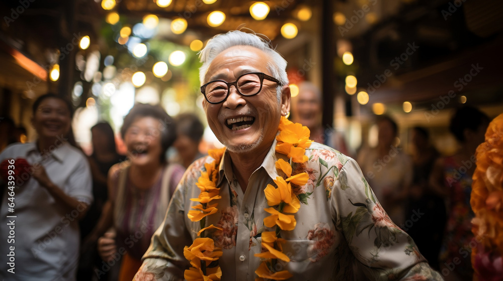 portrait of an asian senior dancing happily at a party portrait of an asian senior dancing happily at a party