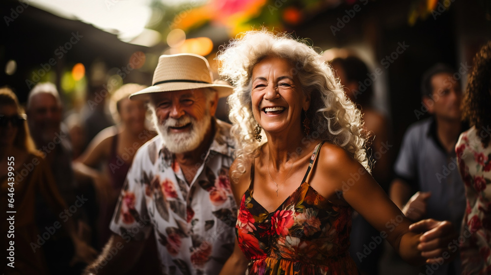 elder couple of retired seniors dancing at a bar in a tropical ressort