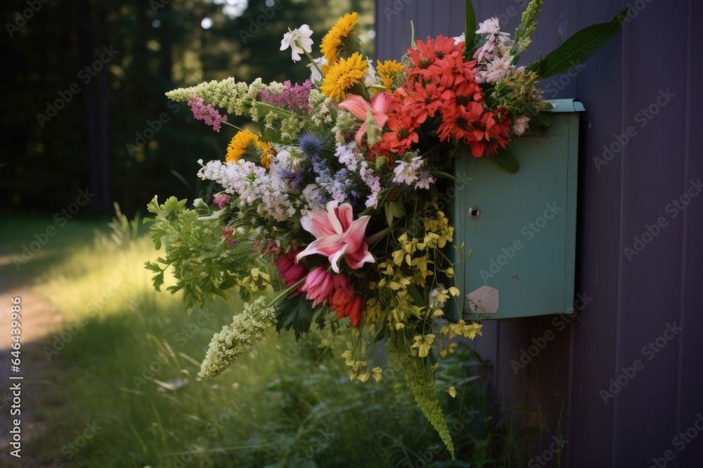 a bright bouquet of wildflowers protruding from an open mailbox