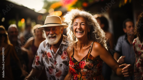 elder couple of retired seniors dancing at a bar in a tropical ressort © Noelia