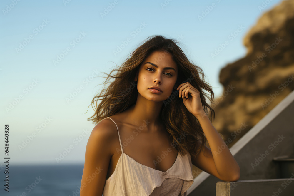 Poised Young Woman Model Against The Sea . Сoncept Female Empowerment, The Power Of Modeling, Self Reflection, Connection To Nature Poised Young Woman Model Against The Sea . Сoncept Female Empowerment, The Power Of Modeling, Self Reflection, Connection To Nature