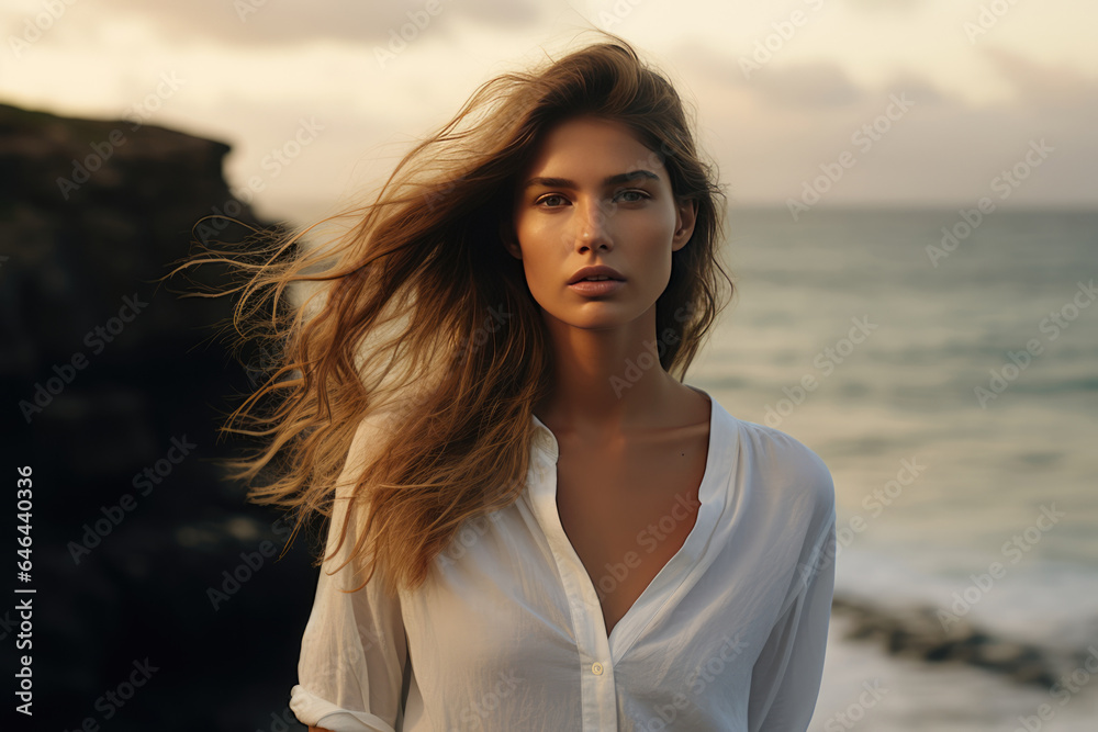 Poised Young Woman Model By The Sea . Сoncept Young Woman Model Beauty Confidence, Fearlessness In The Face Of Uncertainty, Taking It All In At The Beach, Sea Breezes Sunsets