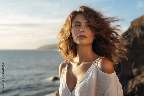 Poised Young Woman Model Against The Sea . Сoncept Beach Photography Basics, Youthful Selfconfidence, Swimwear Fashion Trends, Celebrating Natural Beauty
