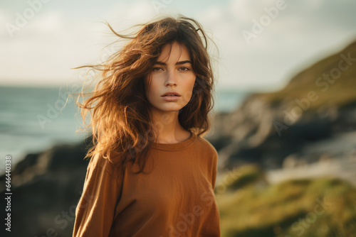 Poised Young Woman Model By The Sea . Сoncept Young Women In Leadership, Diversity In Modeling, Beach Fashion, Positivity In Photos